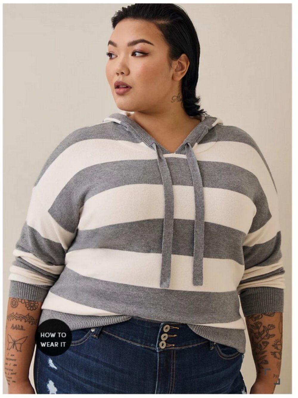Torrid Striped Gray and White Hooded Sweater